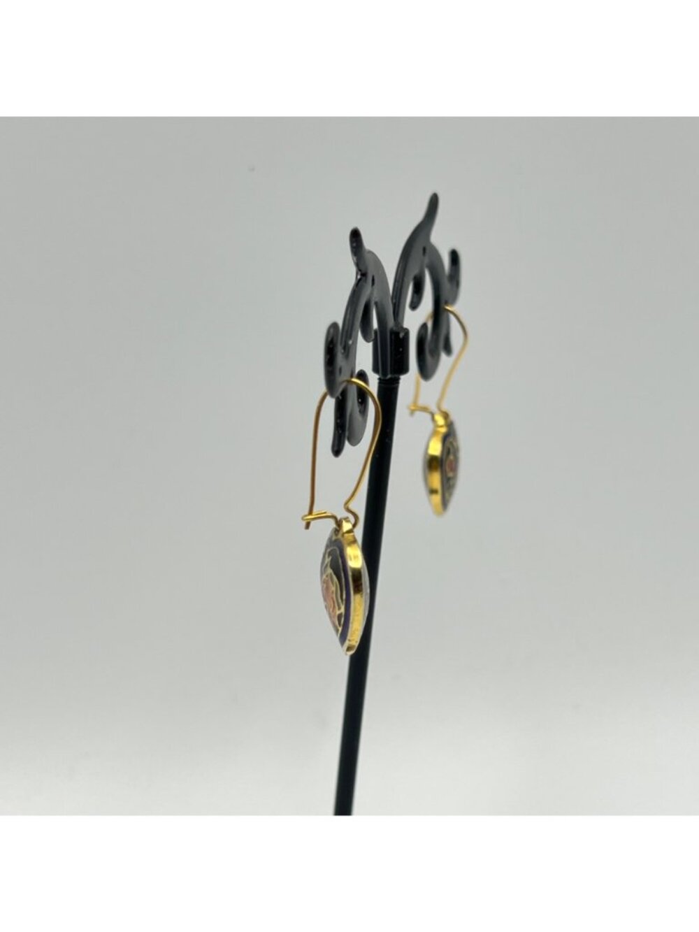 Heart-Shape Cloisonné Earrings Unicorn Gold-Tone Double-Sided Cobalt Blue Black - Picture 6 of 10